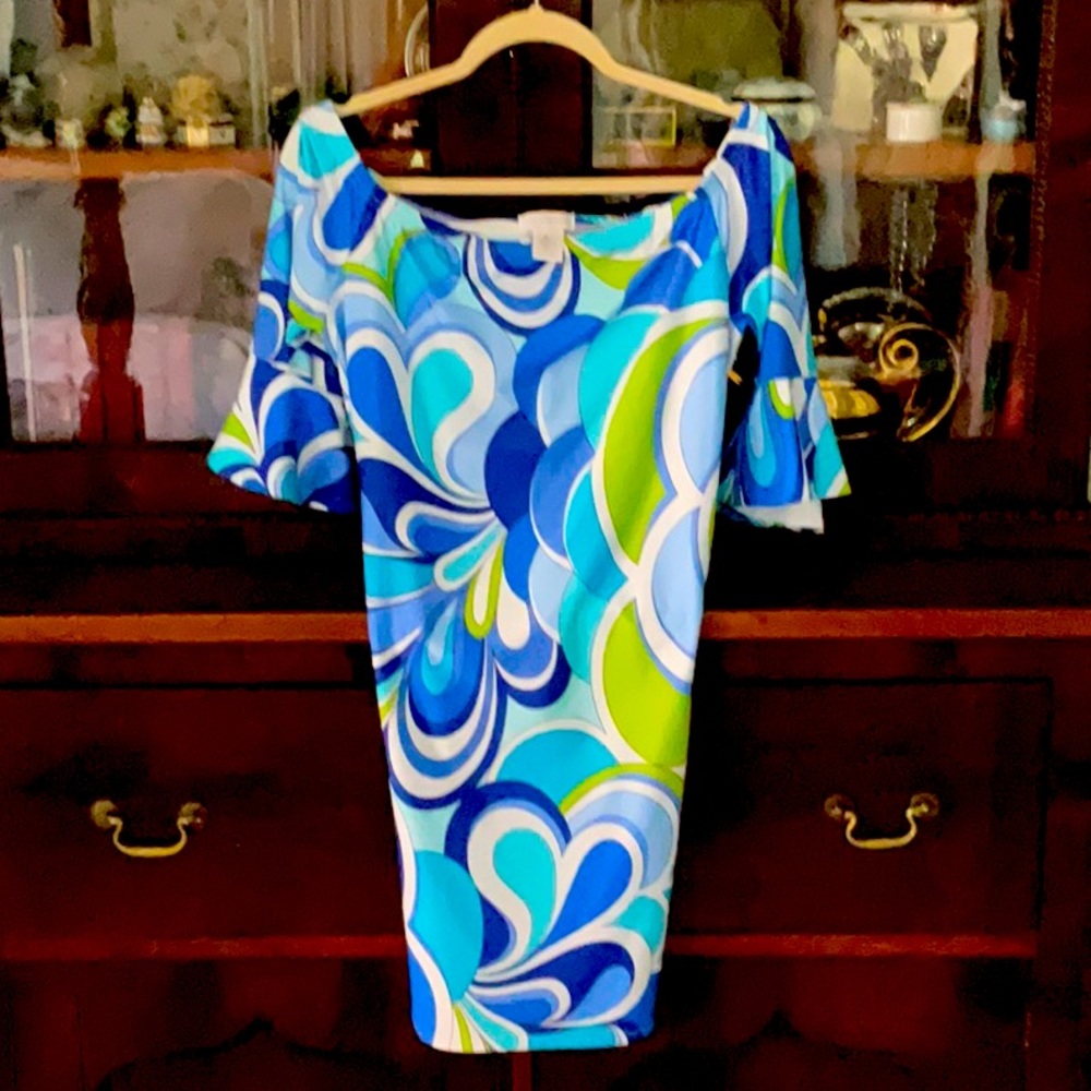 Vietri Sul Mara off shoulder dress with ruffle sleeve. Large